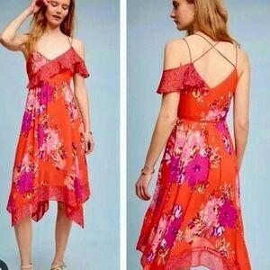Maeve Anthropologie Grecia Red Floral Ruffle Asymmetric Dress 6 Small Flowy